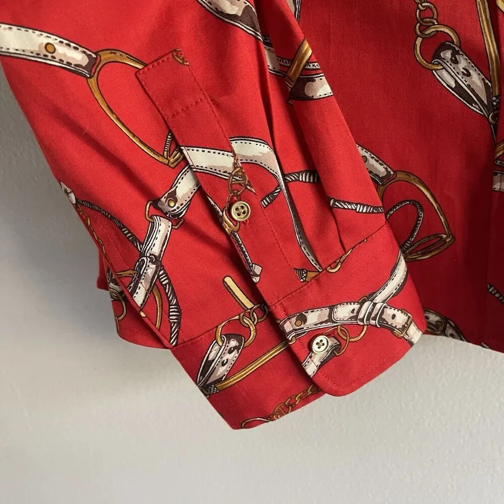 Talbots Top Plus Size 14 Womens Shirt Chains Versace Style Red Gold Print Button - Picture 4 of 10